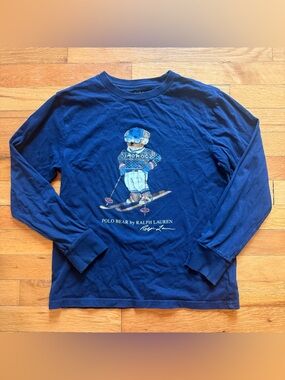 RALPH LAUREN Polo Bear Skiing Long Sleeve Tee Shirt Navy Kids Medium